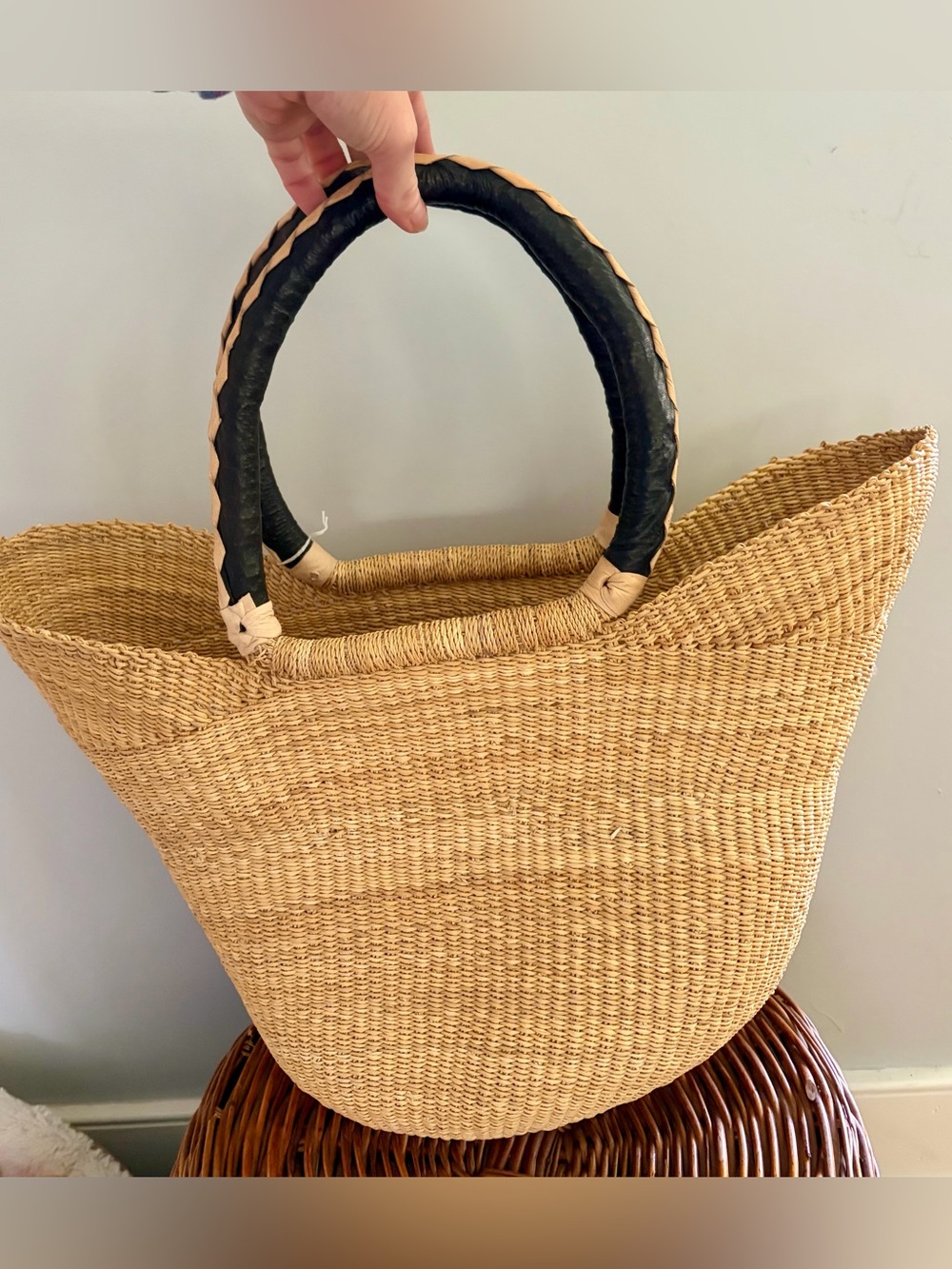 Large Woven Straw Tote Bag Leather Handles Boho Market Beach Bag - Picture 2 of 8